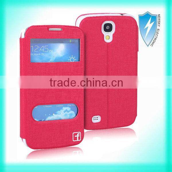 Window View Silk Leather PU Flip Stand Holder For Samsung Galaxy S4 i9500 Smart Phone Case