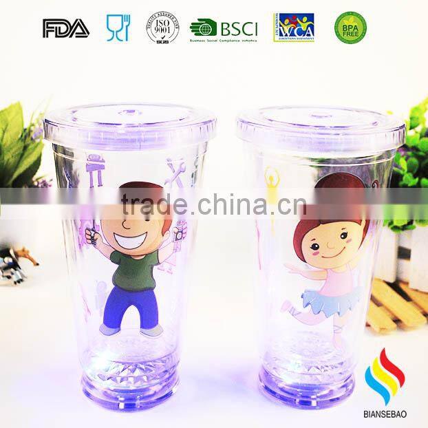 16OZ LED light double Wall BPA free plastic tumbler with straw