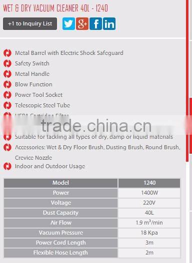 RONIX Industrial wet and dry vacuum cleaner model 1240 Dust capacity 40L, 1400W