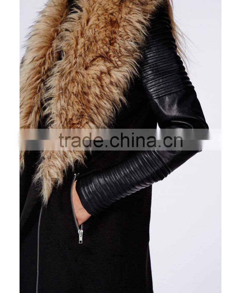 2014 New arrival cool fashion lady FAUX FUR LEATHER BIKER SLEEVE COAT