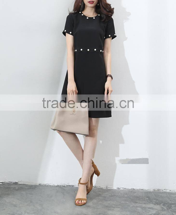 guangzhou oem clothing white pearl embellishment dresses short sleeve black slim dress