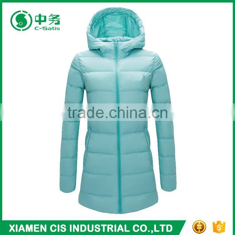 Popular Style Colorful Winter Shiny Ladies Long Down Jacket with Hood