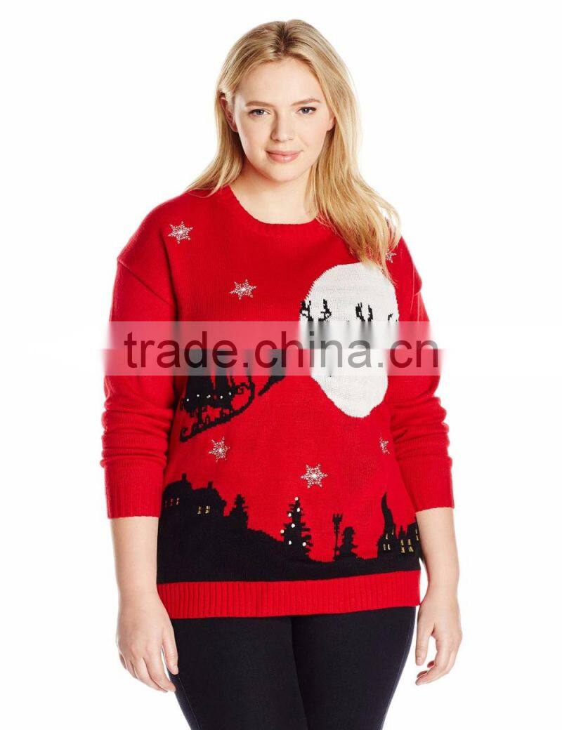 Women Red Sweater Reindeer Sled Silhouette Pattern Christmas Ugly Sweater