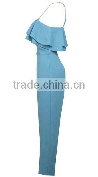 Blue Ruffles Top Style One Piece Women Jumpsuit