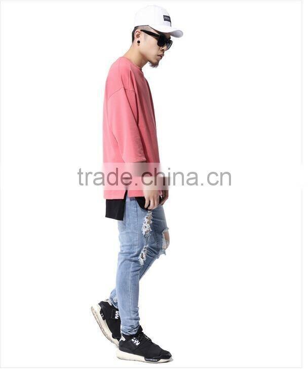 Mens pink side slit thick 3/4 sleeve loose t shirt