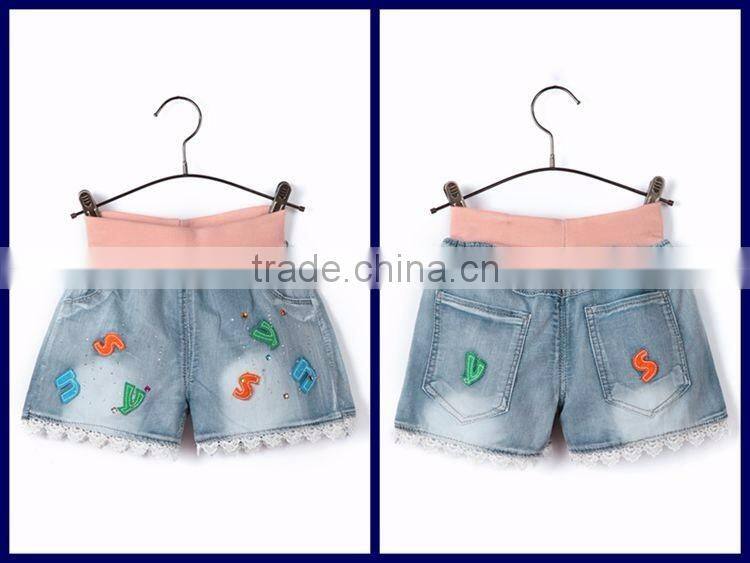 Fashionable design newest style colorful stutched letters lace hem 100 cotton blue cheap jeans for kids