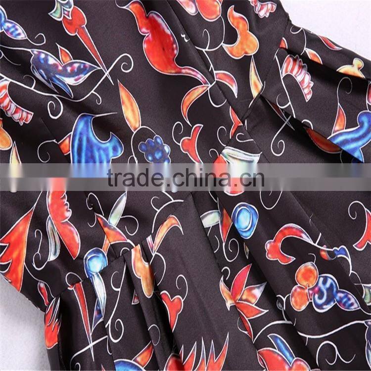 2016 fashion women dresses for sleeveless floral printed,flared hem long dress for OEM