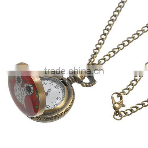 Round Antique Bronze Owl Pattern Halloween Enamel Red Battery Included Pocket Watches 85cm
