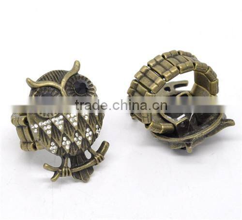 Vintage Antique Bronze Rhinestone Owl Halloween Ornaments Elastic Rings 18.3mm
