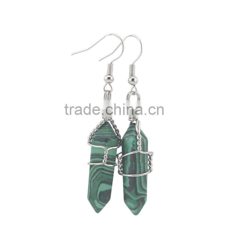 Silver Wire Wrapped Hexagon Prism Amethyst Natural Stone Drop Earrings