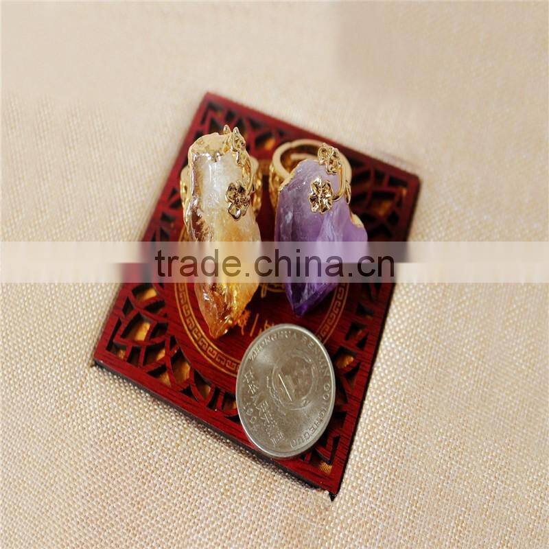 Gold Plated Rose Flower Wrapped Raw Crystal Natural Stone Irregular Pendant Ring