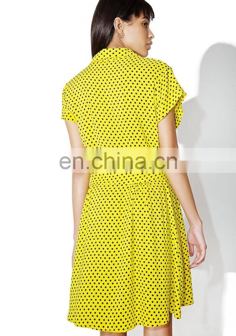 100% Viscose Fashion Clothing Front Up Summer Woman Dress in Black Dotted Print