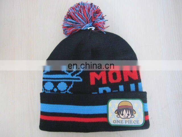 Hot sell High quality 100% acrylic assorted color jacquard knitted hat or winter beanie with lovely yarn ball