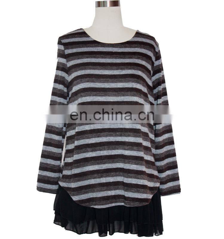 With Chiffon Lining Acrylic Striped Frill Hem Casual Wear Tunic For Fat Women