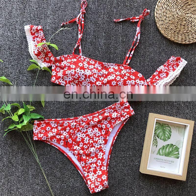 2019 Sexy High Waist Swimsuit Women Lace Bikini Off Shoulder Bikinis Swimwear Red Print Biquini Bathing Suit Beachwear