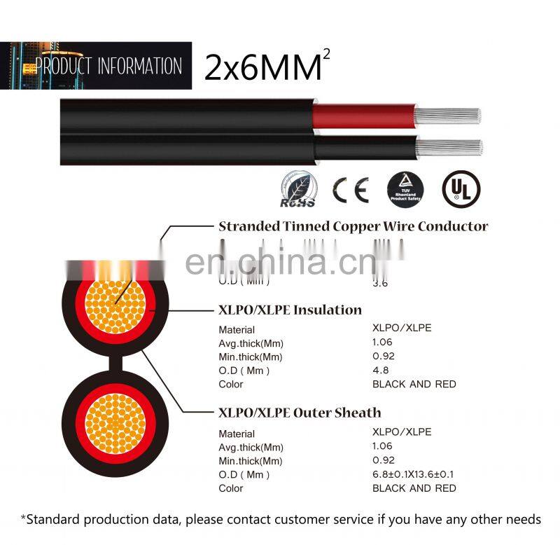 XLPE insulation solar cable 2x6mm2 power cable