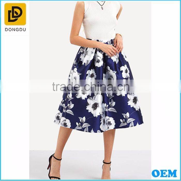 High Fashion Satin Blue Print Umbrella Skirt For Ladies Ballet Tutu High Waist Skirts
