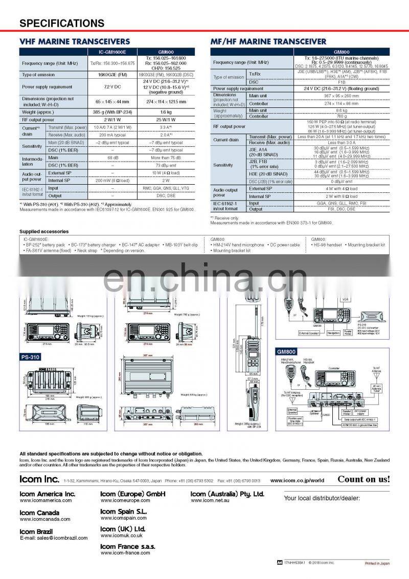 Marine electronics maritime navigation communication GMDSS MED IMO icom GM1600E portable VHF two way radiotelephone life craft