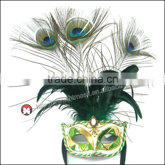 Handmade very beauty half face Rhinestone long peacock feather chicken feather party mask