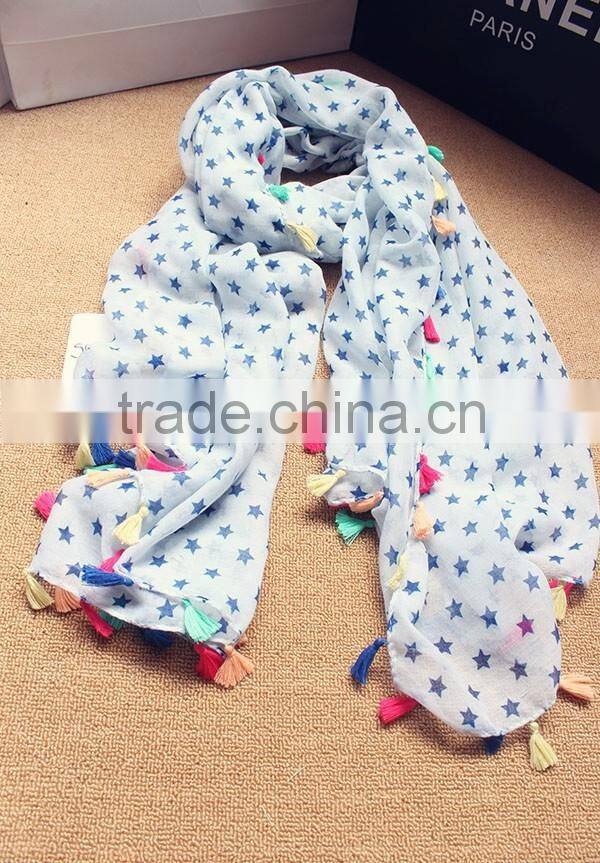 Hot Selling Korean Navy Star Printed Colorful Tassels Fashion Ladies Scarf