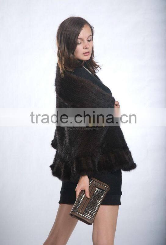 QD10041 High Fashion Coffee Brown Knitting Real Mink Fur Shawl 2014 New Woman Clothes