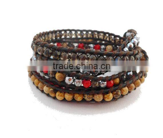 Multi Gem Stone Graduated Wrap Bracelet on Dark Brown leather