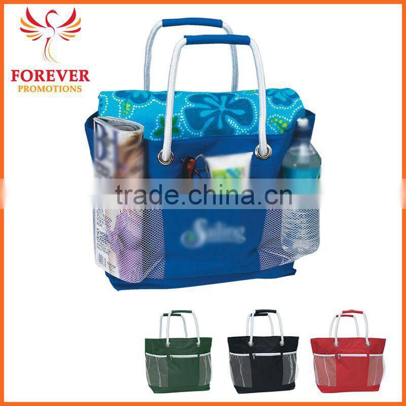 New Design Promotional Nylon Travel Tote Bag With Rope Handles And Mesh Pockets