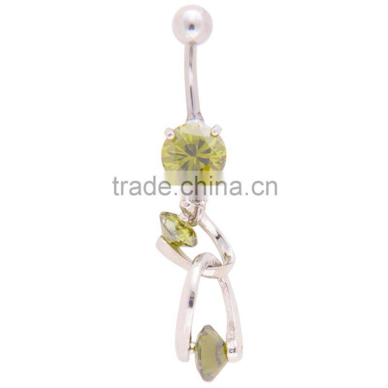 Big Zircon Inlay Dual Hearts lining Dangle Belly Button Naval Ring.