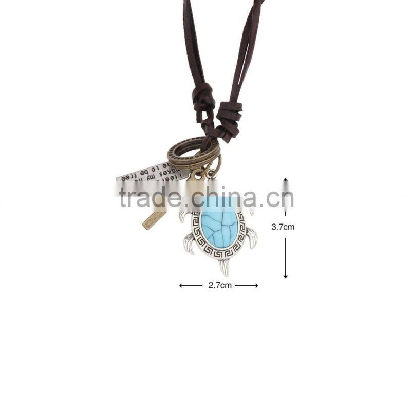 Vintage Genuine Leather Necklace with Antique Brass Turtle Green Turquoise Shell Pendant.