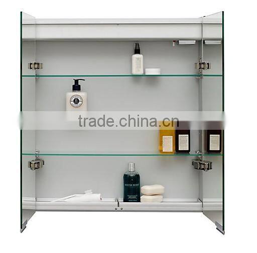 High quality led illuminated bathroom mirror cabinet with shaver socket and tempered glass shelves