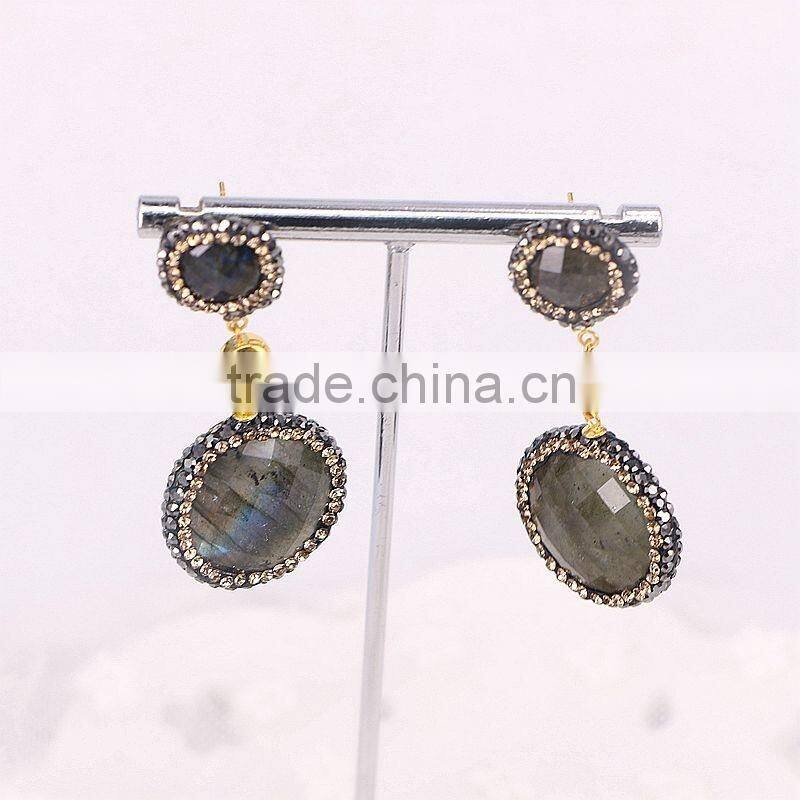 Natural Turquoise Labradorite Gem Stone Druzy Earring, Round Shape Pave Crystal Zircon Jewelry Stud Earrings