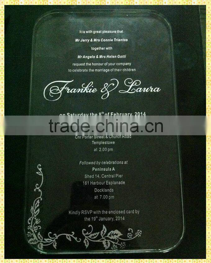 Customized Engraved Glass Wedding Invitation Cards 2014 For Guest Souvenir Gifts
