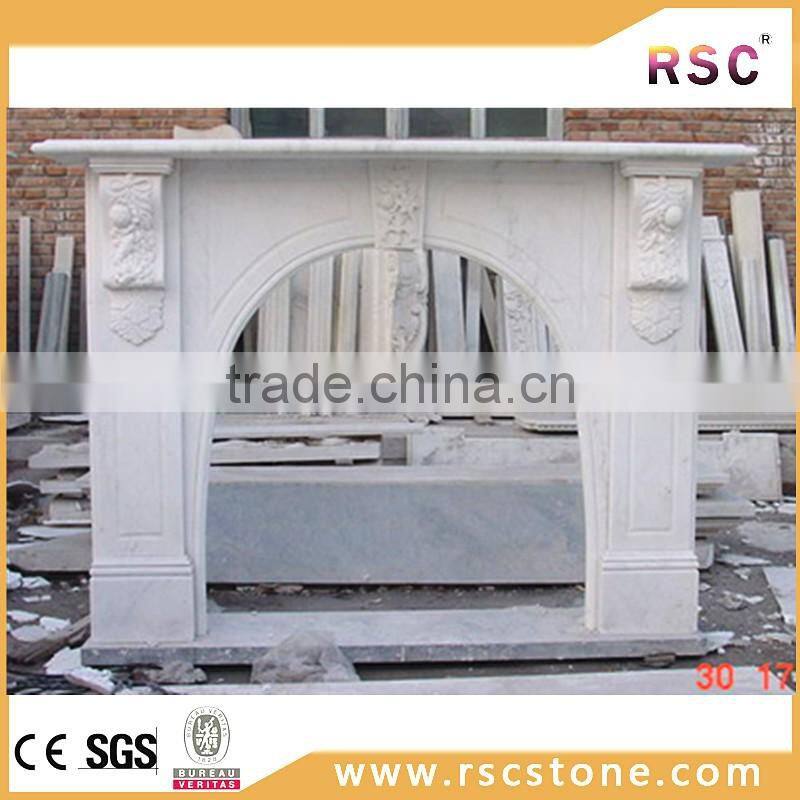 White stone pillar carved fireplace mantel