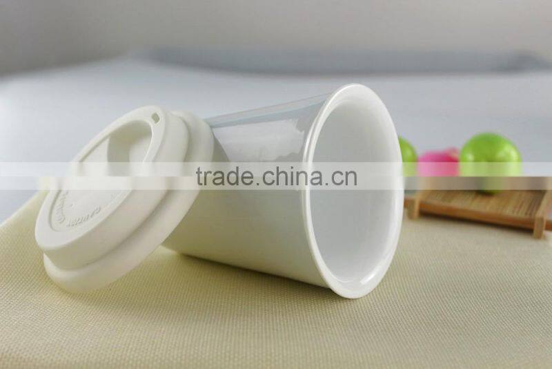 Christmas wholesale cheap Double wall ceramic tumblers, travel coffee mug with silicone lid