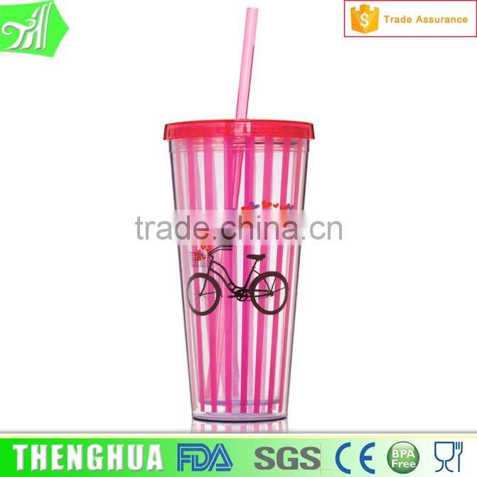 Plastic Cup Double Wall Material Ice Cream Cup With Straw