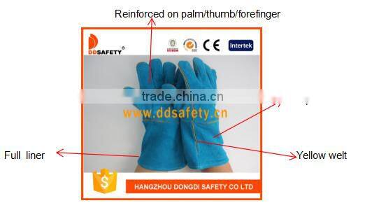 DDSAFETY 2017 Green Cow Split Safety Gloves With Reinforced Blue Leather Palm Glove