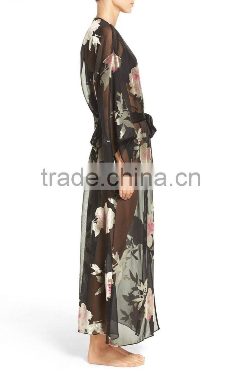 Luxurious women clothing high quality romantic cover up summer sheer chiffon rose printed robe cover up cardigan for beach wear