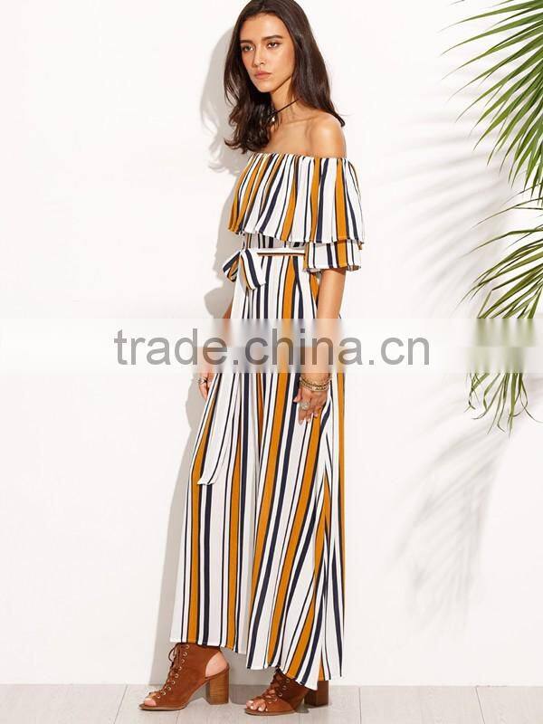 Woman Fashion Striped Off The Shoulder Tie Waist Chiffon Maxi Dress