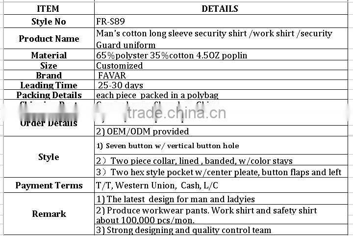 Man's cotton long sleeve security shirt /work shirt /security Guard uniform