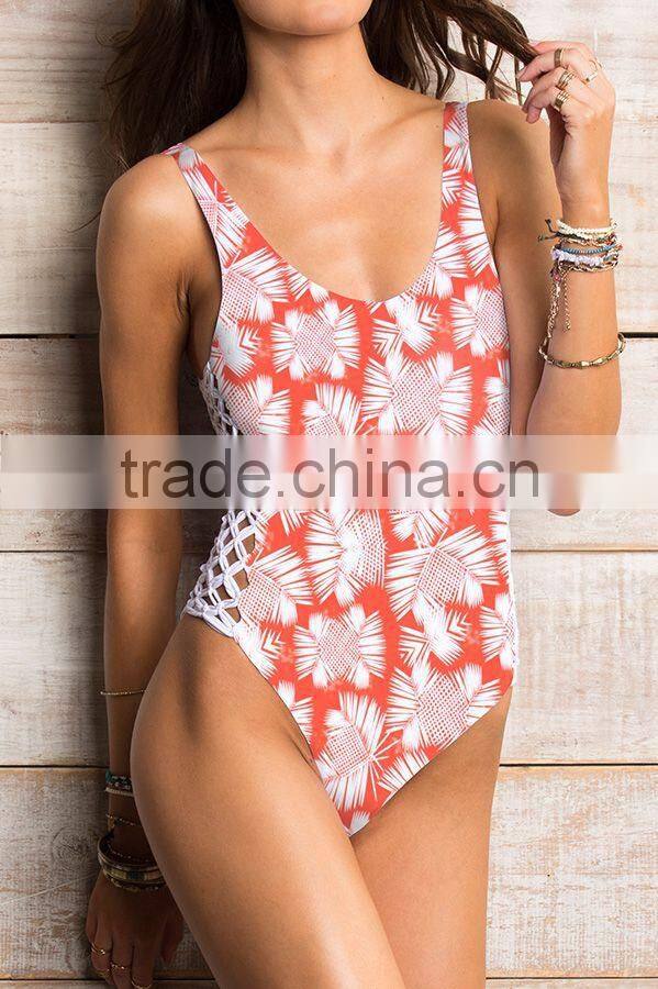 ladies print and side braid one-piece swimwear