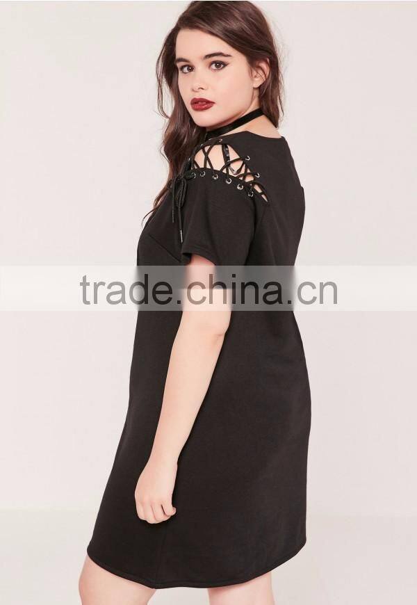 Plus Size Lace Up Jumper Black Dress Versatile Sexy V-neck Elegance Dress