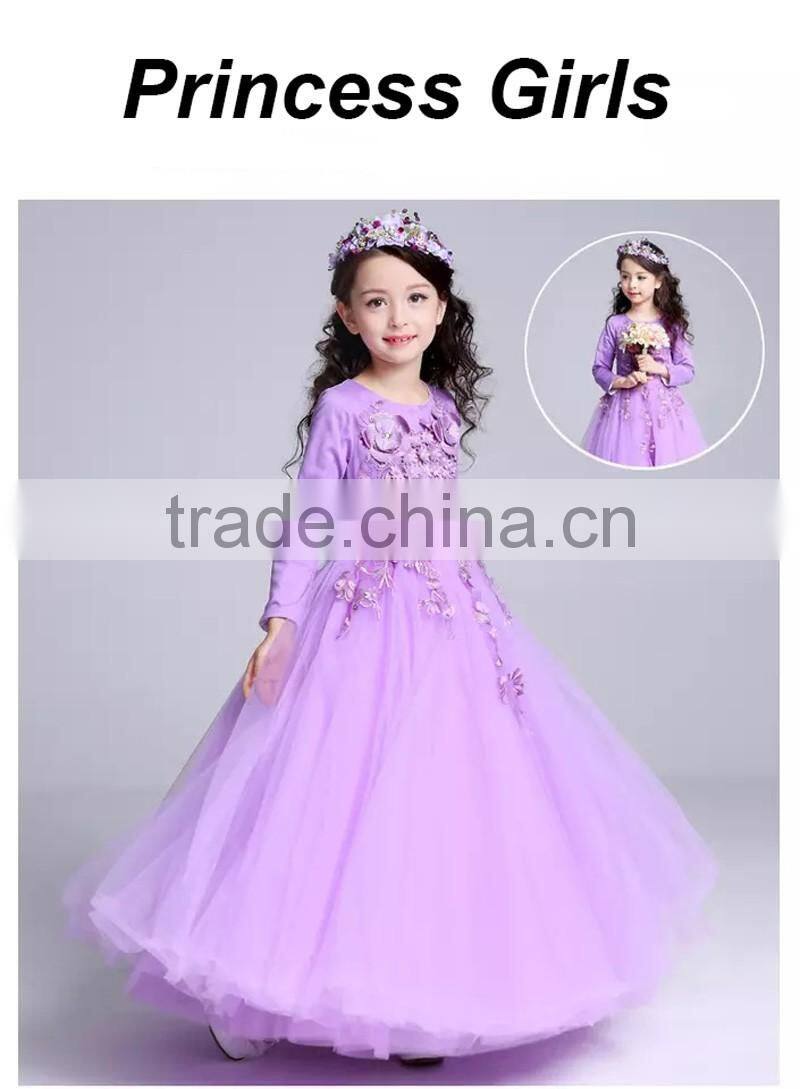 High quality Violet Elegant girls Princess Long sleeveless Wedding dresses Ball Gown dress Appliques Purple Tulle party dresses
