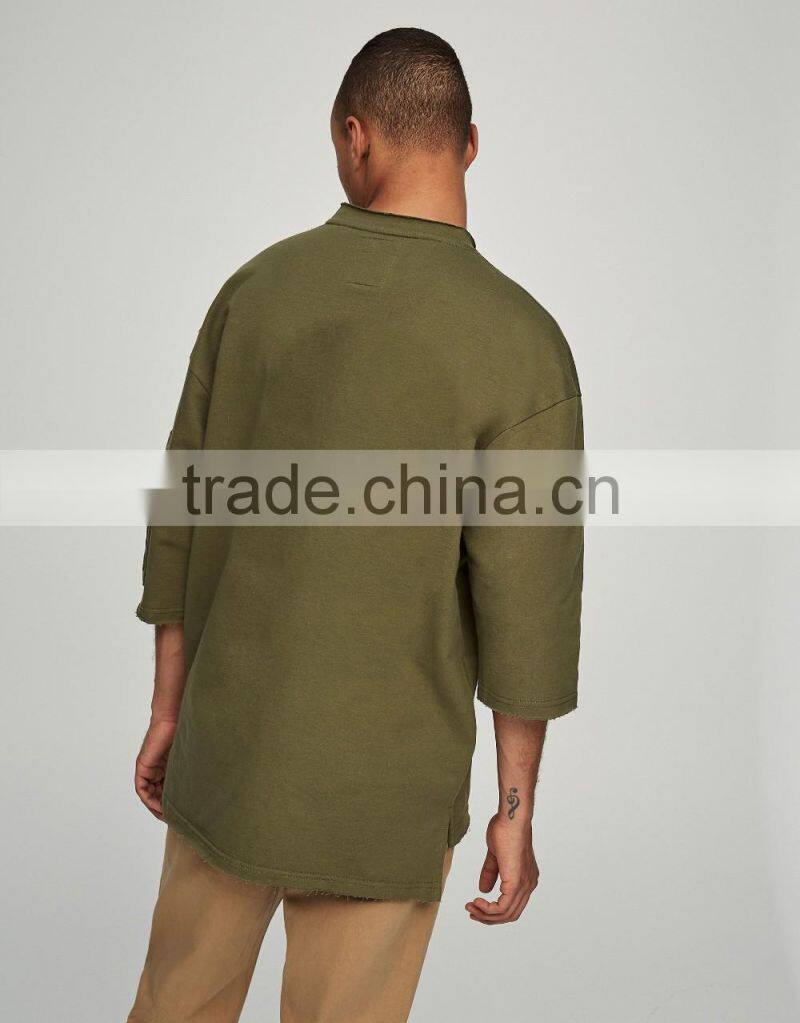 High Quality Men Custom Plain French terry Crewneck Raw Hem Oversized Sweatshirts with 3/4 Sleeve