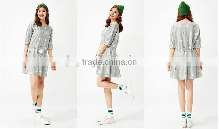 Female money shallow hemp grey knitted rabbit dot printing on the waist rope bat sleeve dress