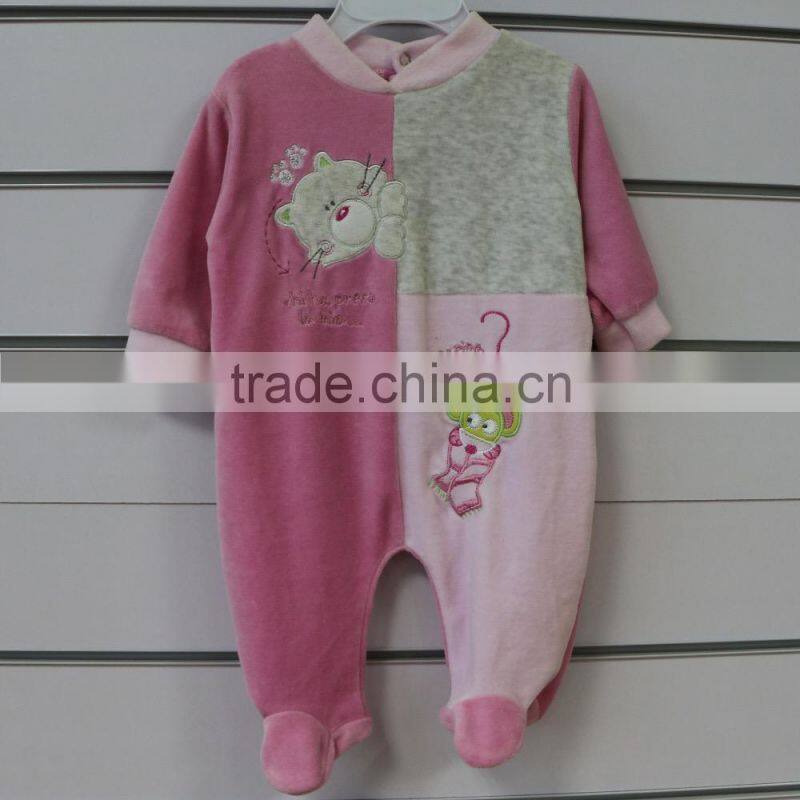 Fall and winter season velour baby footie romper with animal patch and embroidery