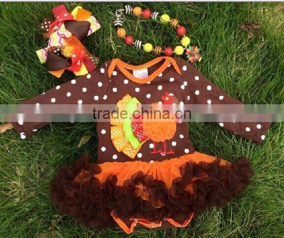 girls thanks giving brown white dot turkey baby romper with matching necklace,and hair bow set