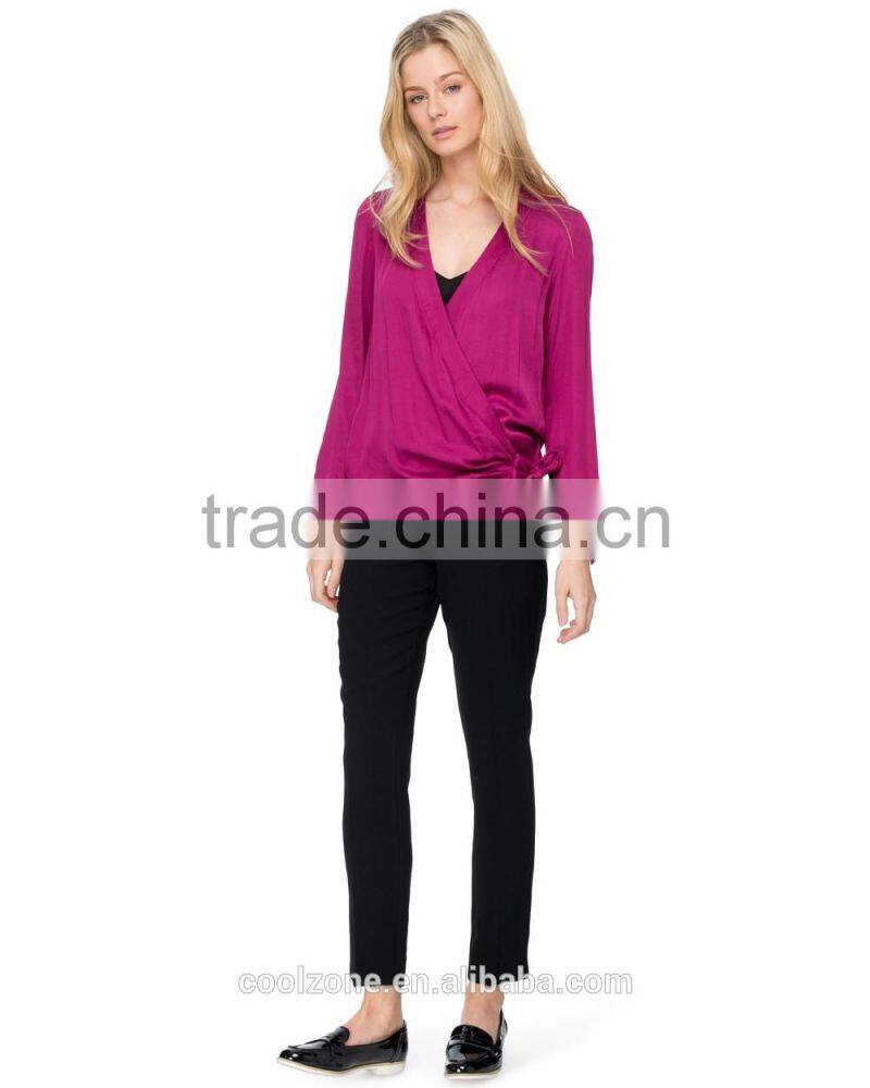 Daily fit long sleeve wrap-style lady blouse for middle aged women