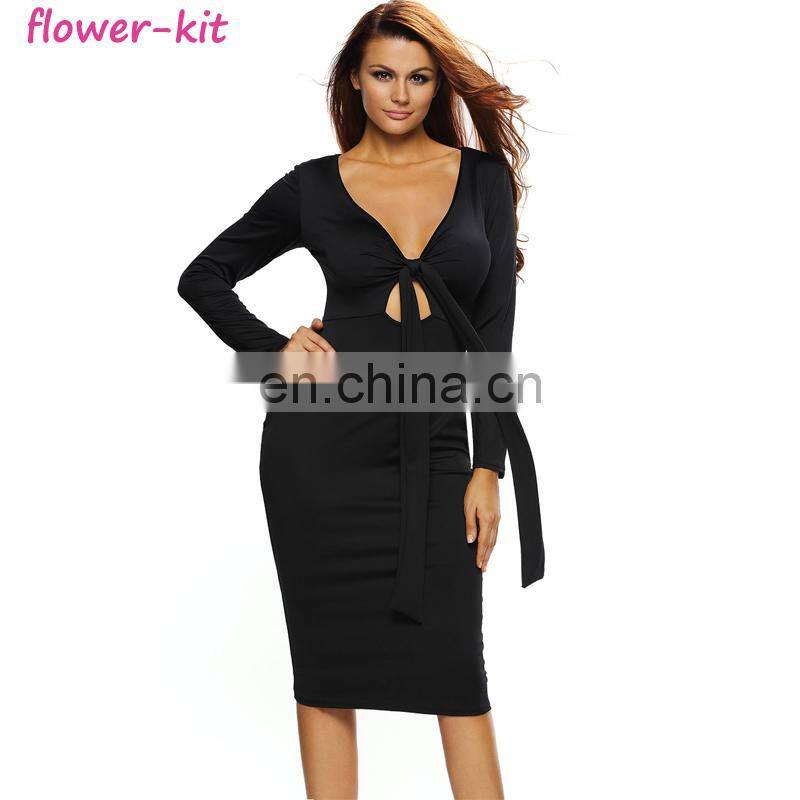 Grey Multi way Deep V Neck Knot Tie Long Sleeve Midi Dress