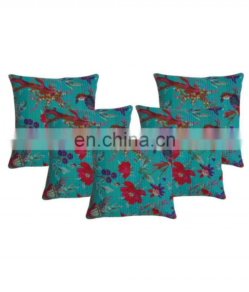 Indian Bird Printed Cushion Cover Bird Of Paradise Kantha Cushion Cover