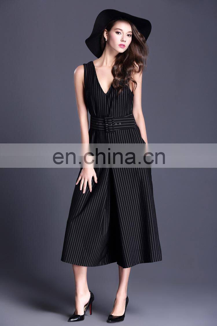 Topshop design V neck stripe pattern jumpsuits for women 2015